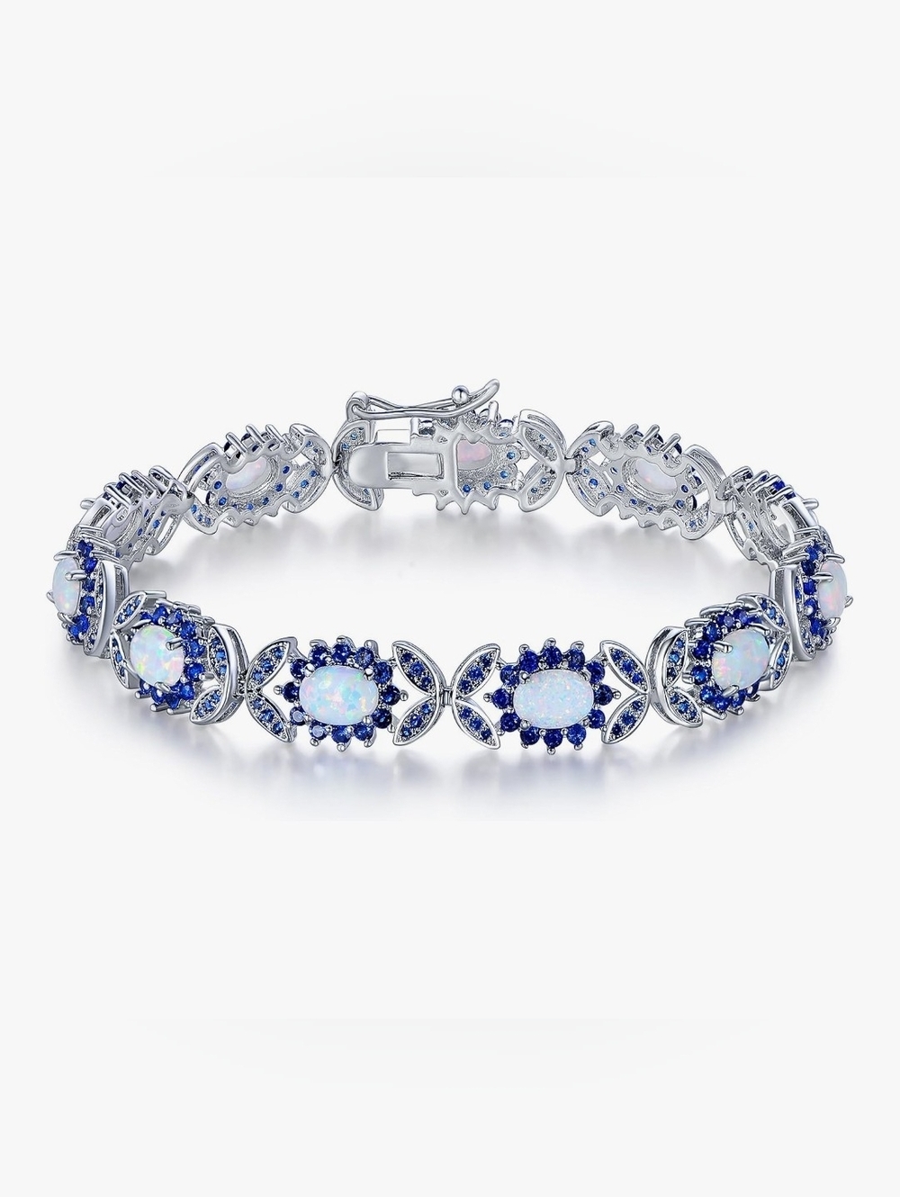 Sterling Silver Blue Opal Halo Tennis Bracelet Made With Swarovski Elements